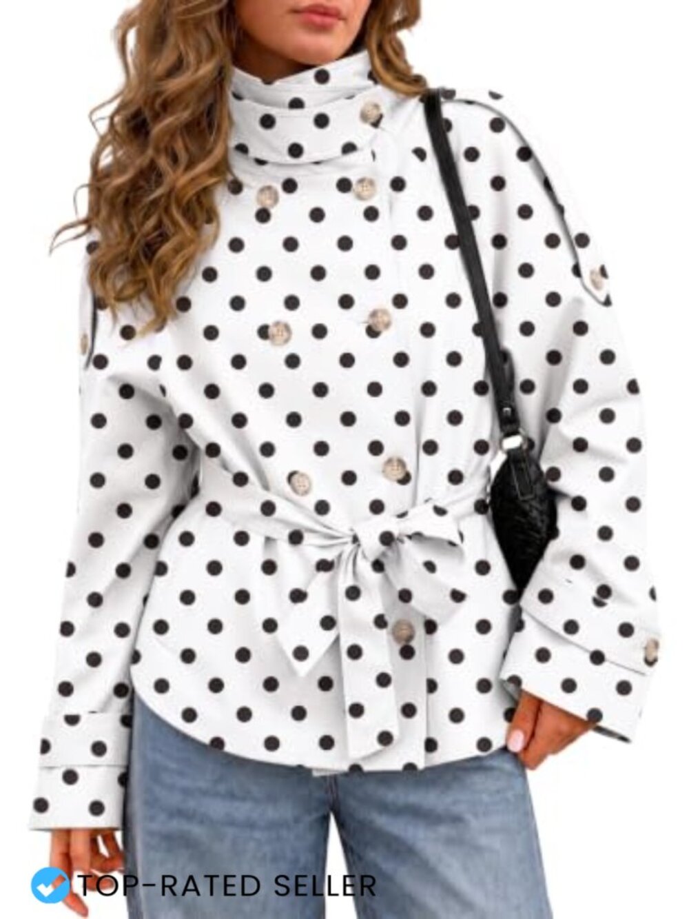 Womens Cropped Trench Coat Double Breasted Tie Waist Polka Dot Fall Jacket